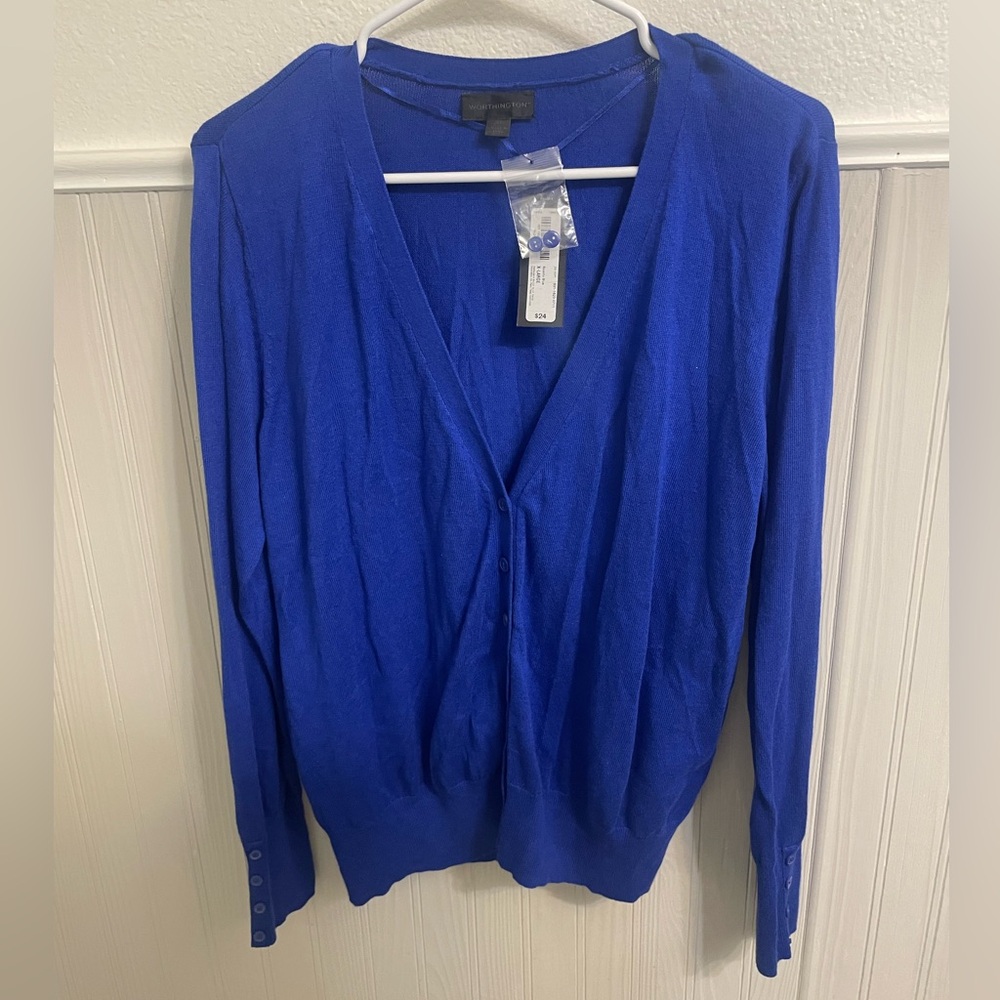 Worthington women’s size XL royal blue cardigan button v neck sweater NWT